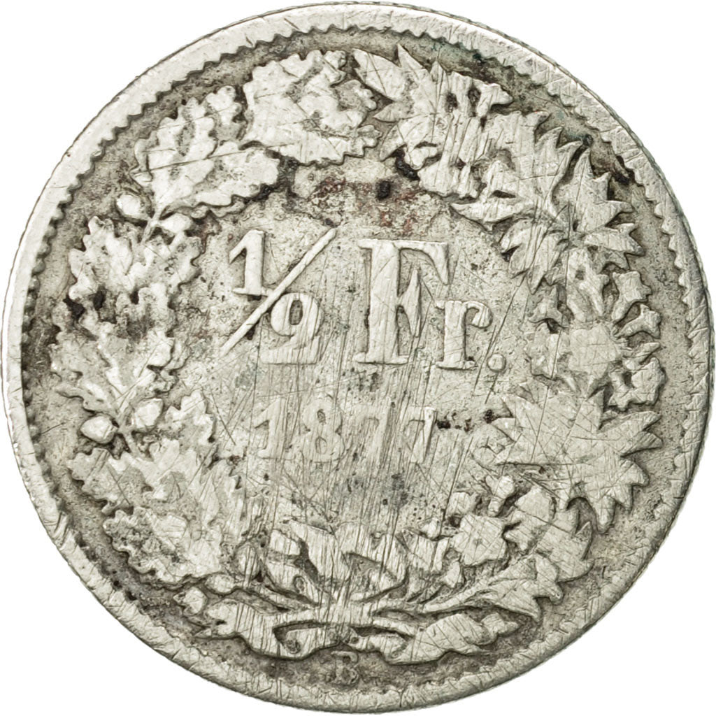 Switzerland, 1/2 Franc, 1877, Bern, VF(20-25), Silver, KM:23