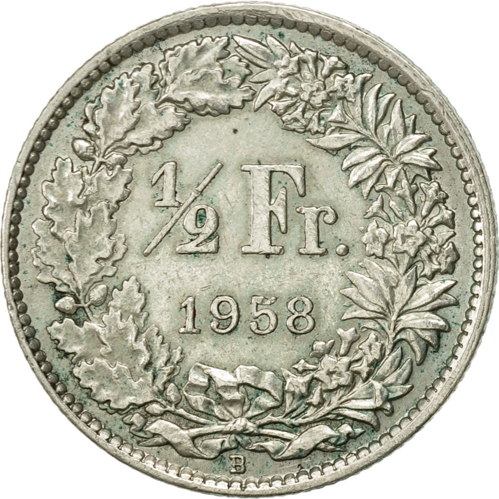 Switzerland, 1/2 Franc, 1958, Bern, AU(50-53), Silver, KM:23