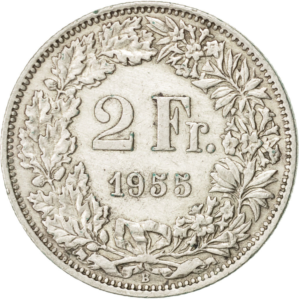 Coin, Switzerland, 2 Francs, 1955, Bern, EF(40-45), Silver, KM:21