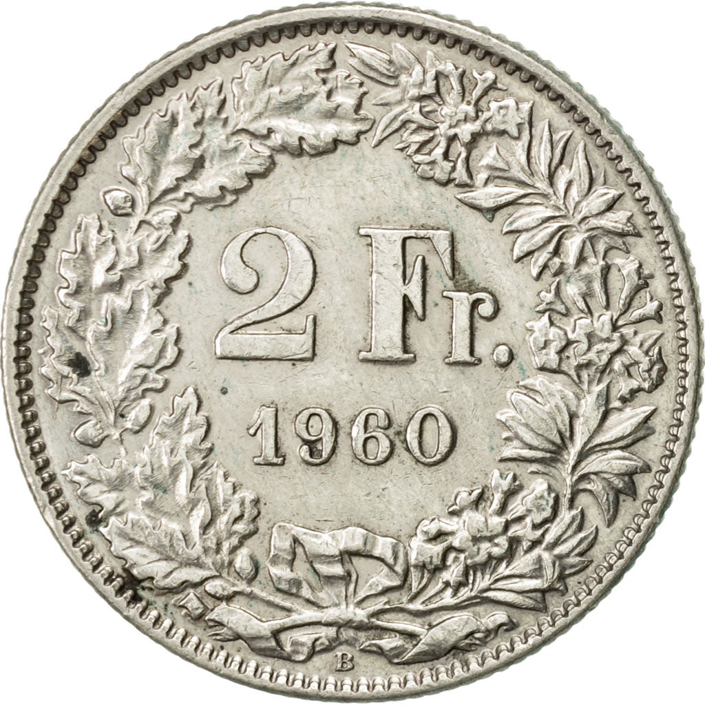 Coin, Switzerland, 2 Francs, 1960, Bern, AU(50-53), Silver, KM:21