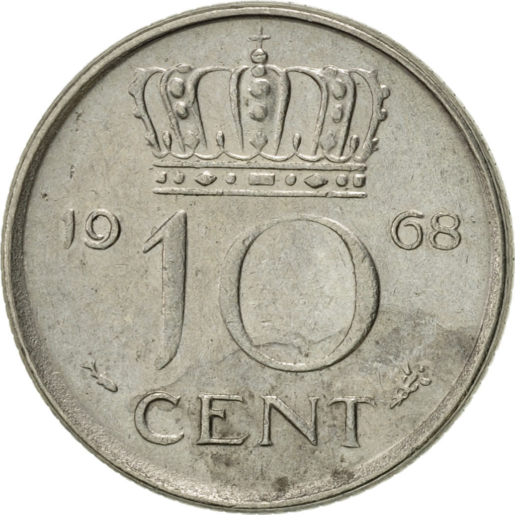 Coin, Netherlands, Juliana, 10 Cents, 1968, AU(55-58), Nickel, KM:182