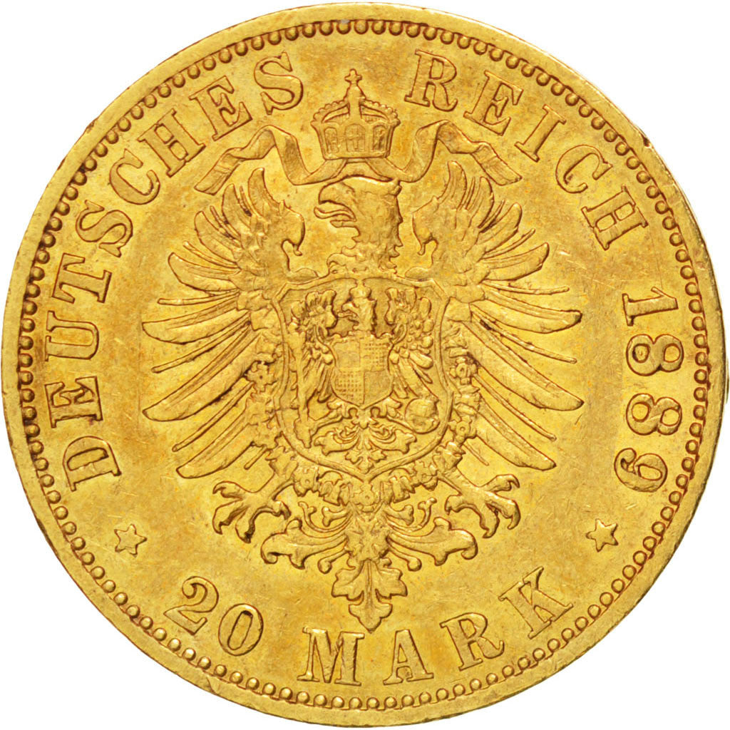 GERMAN STATES, 20 Mark, 1889, Berlin, KM #516, AU(55-58), Gold, 7.92