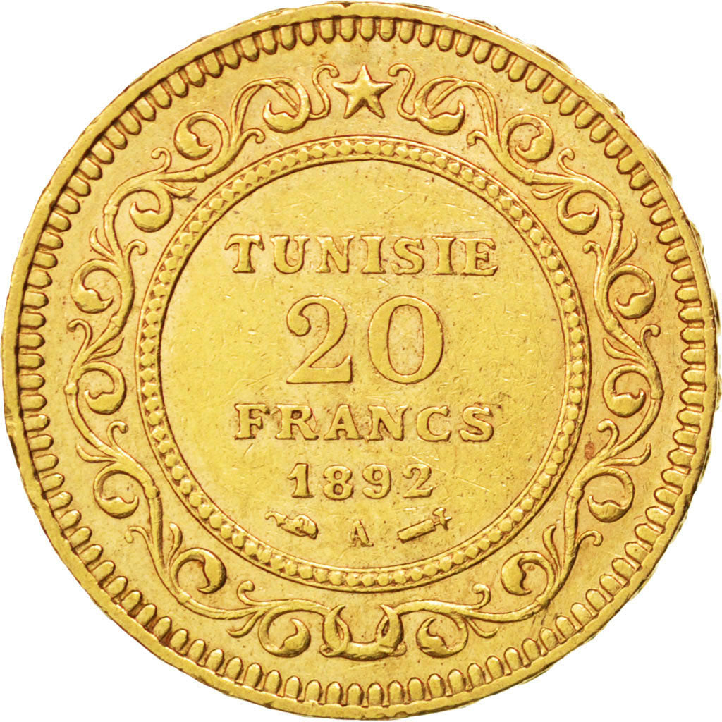 TUNISIA, 20 Francs, 1892, Paris, KM #227, AU(50-53), Gold, 6.45