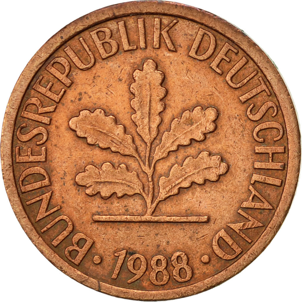 Coin, GERMANY - FEDERAL REPUBLIC, Pfennig, 1988, Stuttgart, EF(40-45), Copper
