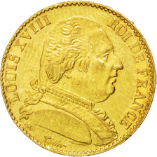 FRANCE, Louis XVIII, 20 Francs, 1814, Paris, KM #706.1, AU(55-58), Gold,...