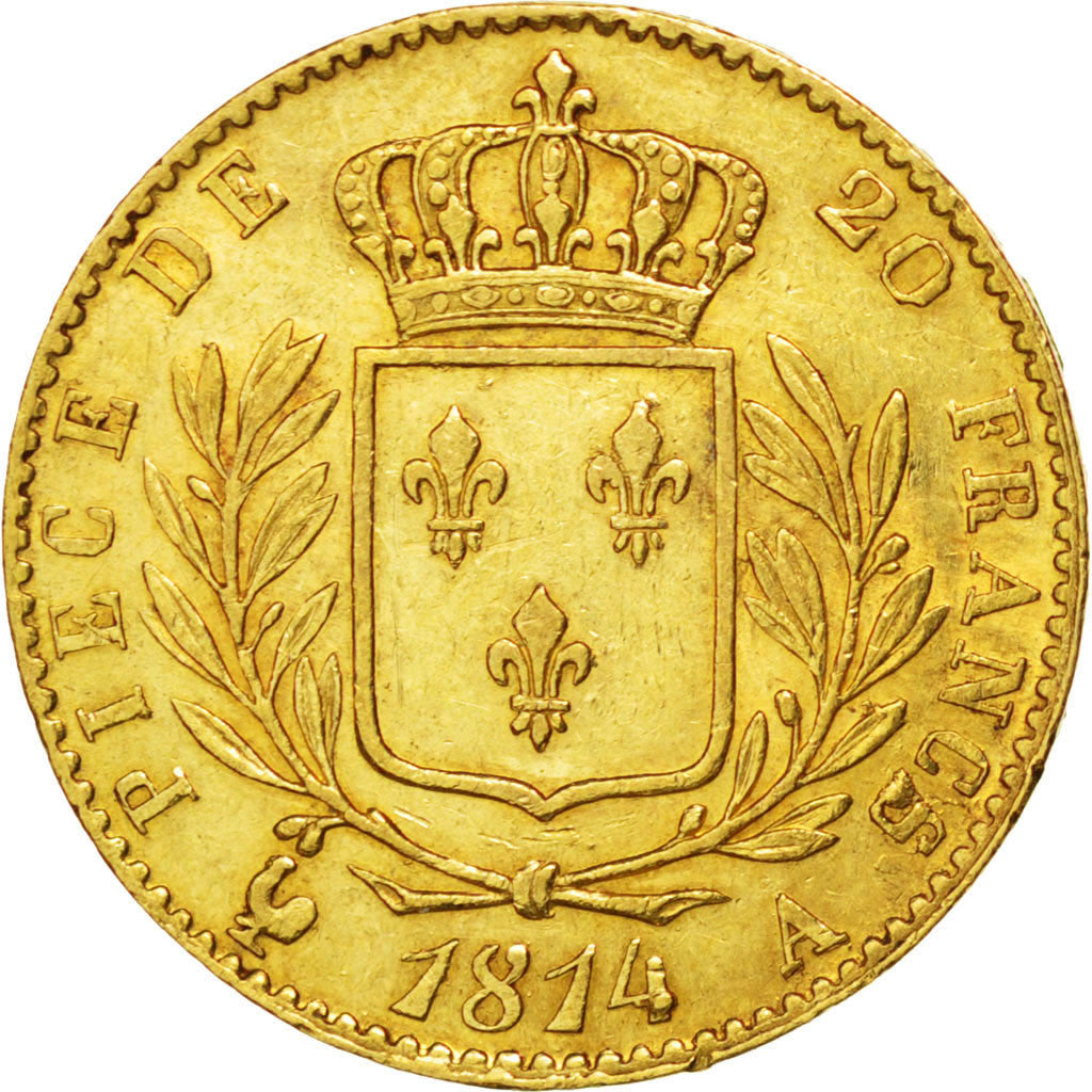 FRANCE, Louis XVIII, 20 Francs, 1814, Paris, KM #706.1, AU(55-58), Gold,...