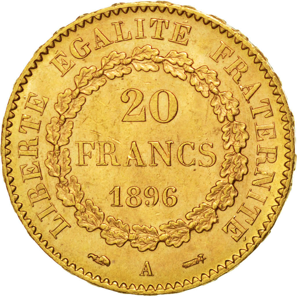 FRANCE, Génie, 20 Francs, 1896, Paris, KM #825, AU(55-58), Gold, Gadoury #1063, 