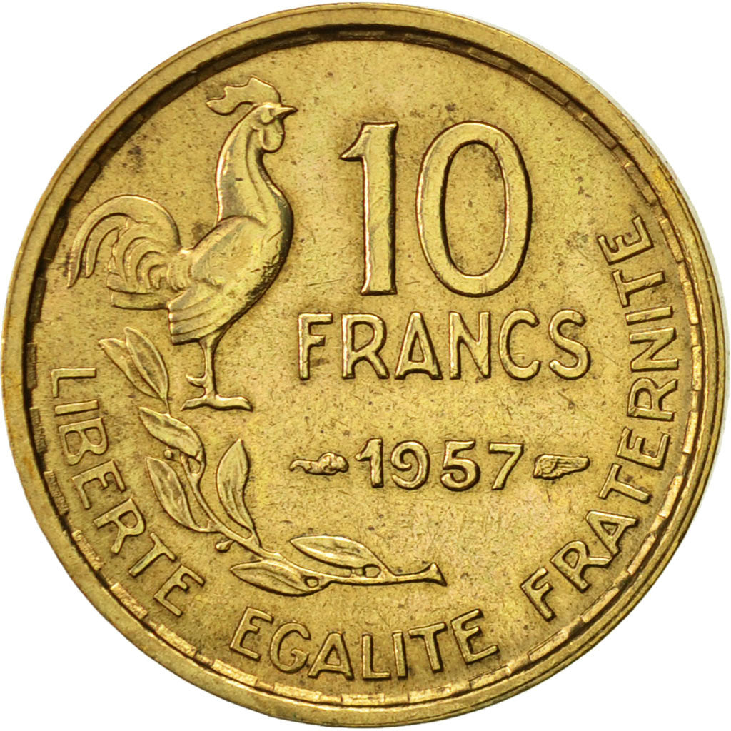 Frankreich, Guiraud, 10 Francs, 1957, Paris, SS+, Aluminum-Bronze, KM:915.1