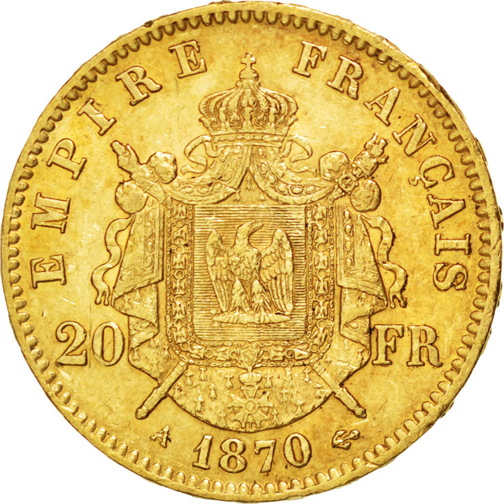 FRANCE, Napoléon III, 20 Francs, 1870, Paris, KM #801.1, AU(55-58), Gold, Gadour