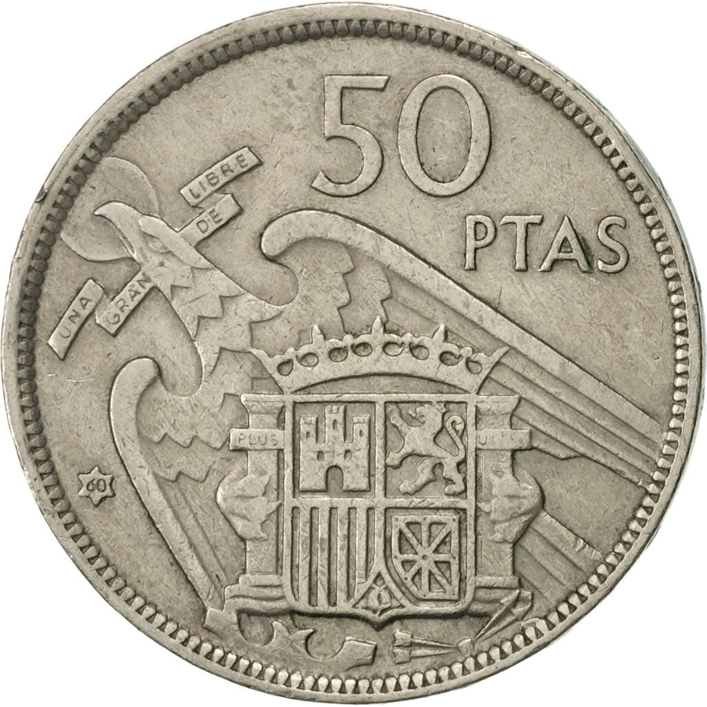 Coin, Spain, Caudillo and regent, 50 Pesetas, 1960, AU(50-53), Copper-nickel