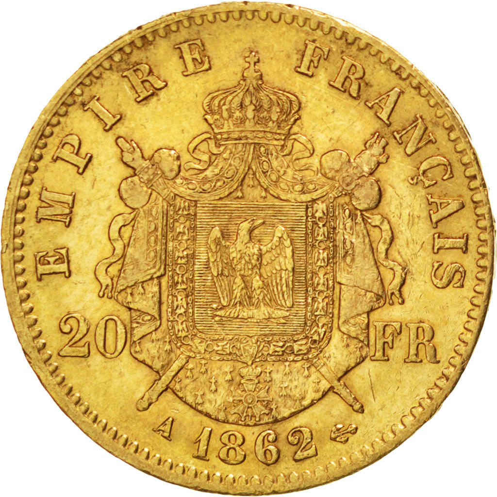 FRANCE, Napoléon III, 20 Francs, 1862, Paris, KM #801.1, AU(55-58), Gold, Gadour