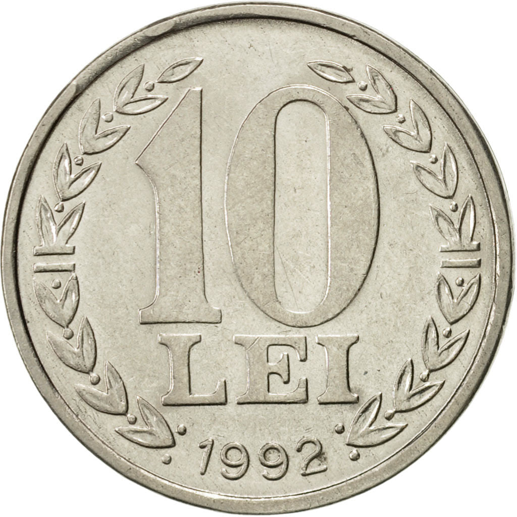 Romania, 10 Lei, 1992, AU(55-58), Nickel Clad Steel, KM:108