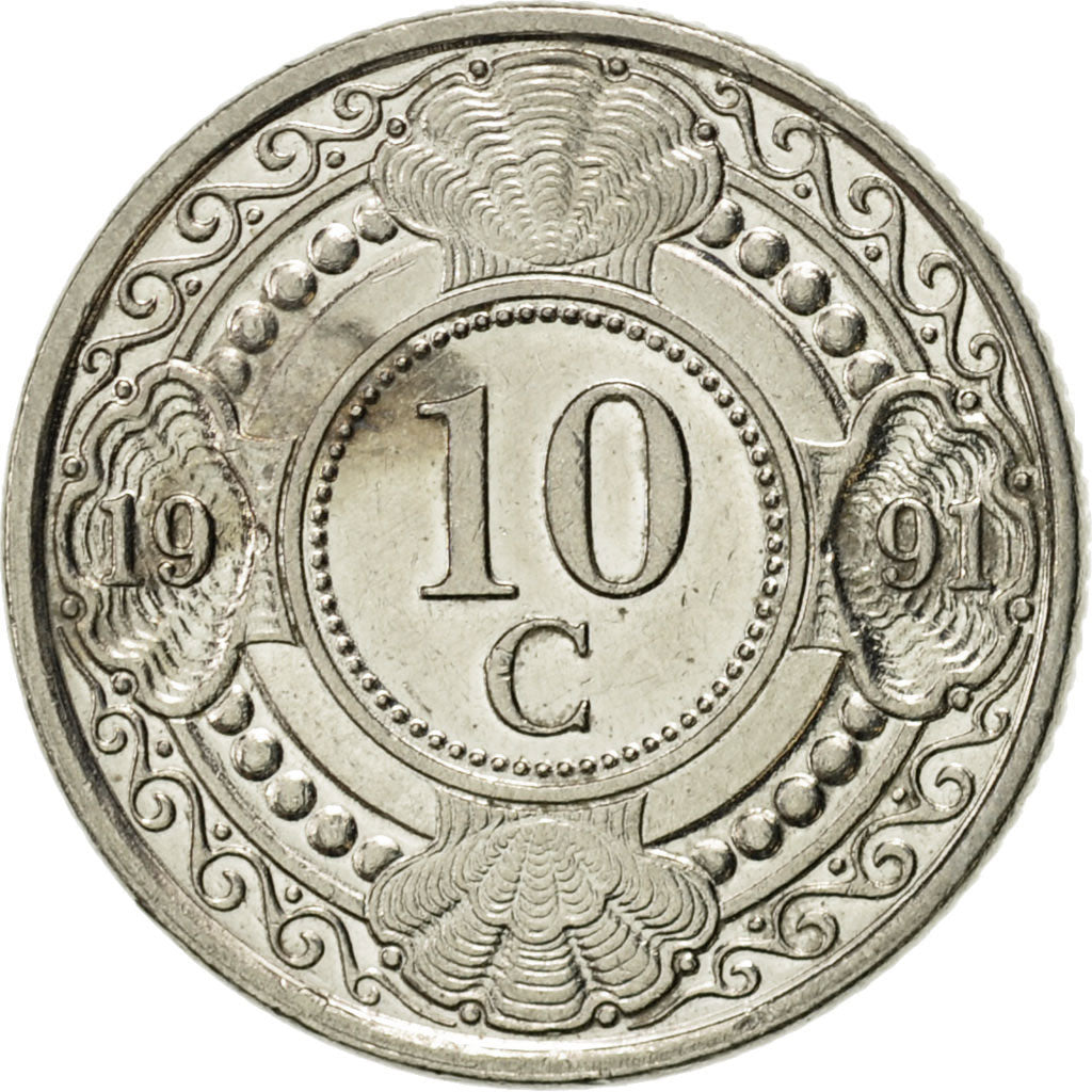 Coin, Netherlands Antilles, Beatrix, 10 Cents, 1991, MS(63), Nickel Bonded