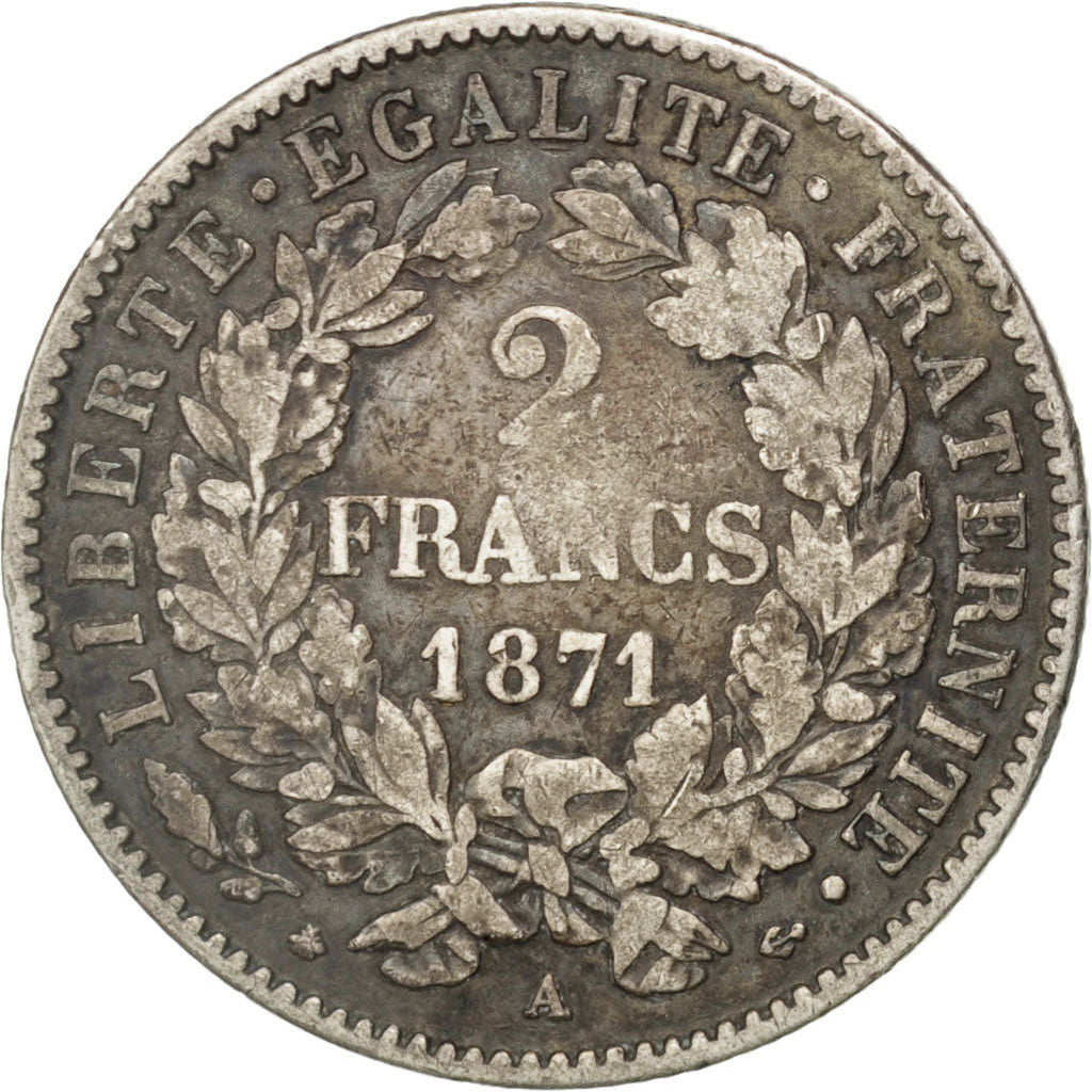 FRANCE, Cérès, 2 Francs, 1871, Paris, KM #817.1, EF(40-45), Silver, 27, Gadoury