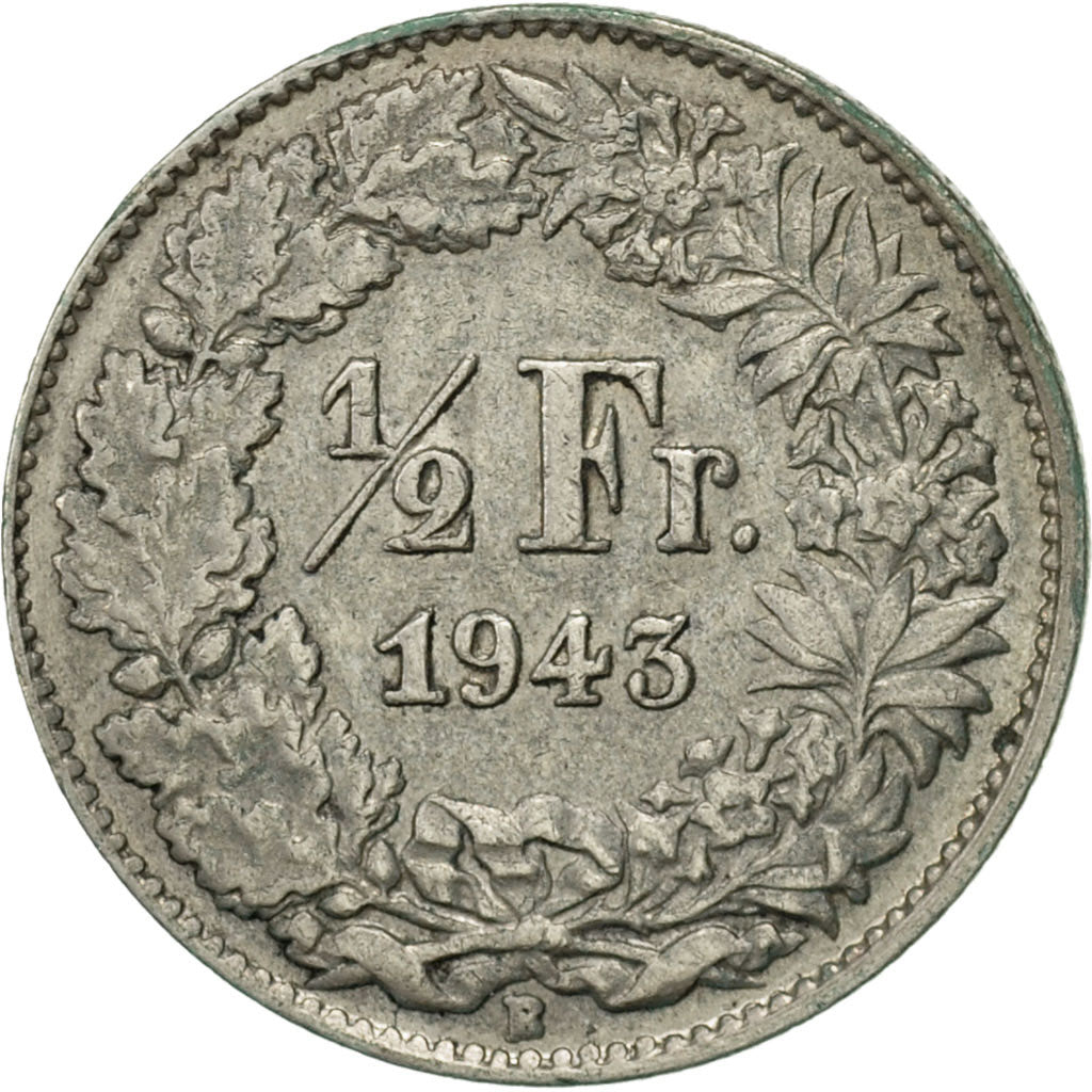 Coin, Switzerland, 1/2 Franc, 1943, Bern, AU(50-53), Silver, KM:23