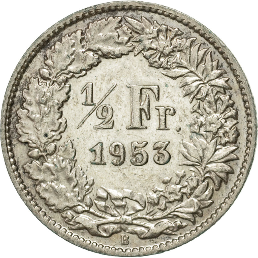 Switzerland, 1/2 Franc, 1953, Bern, AU(55-58), Silver, KM:23