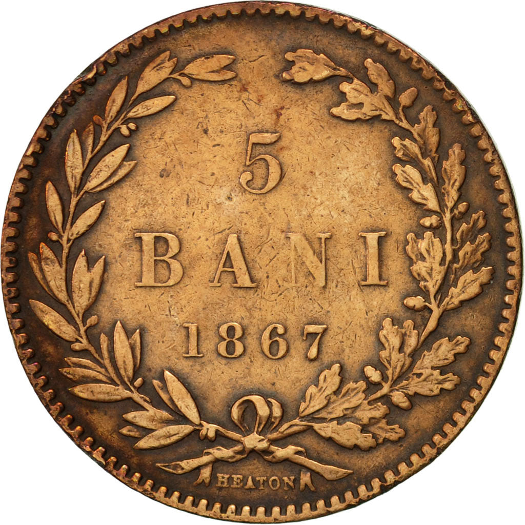 Romania, Carol I, 5 Bani, 1867, EF(40-45), Copper, KM:3.1
