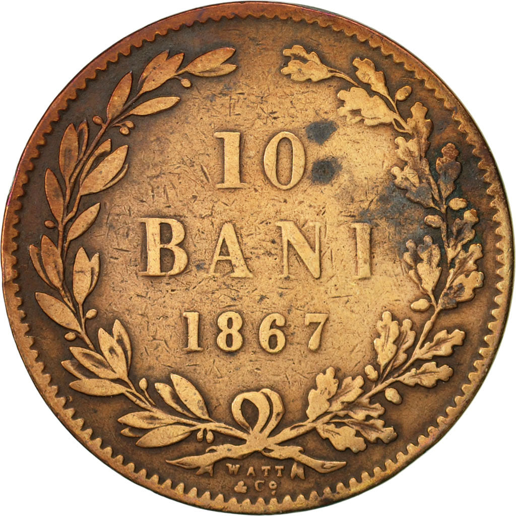 Romania, Carol I, 10 Bani, 1867, VF(30-35), Copper, KM:4.2