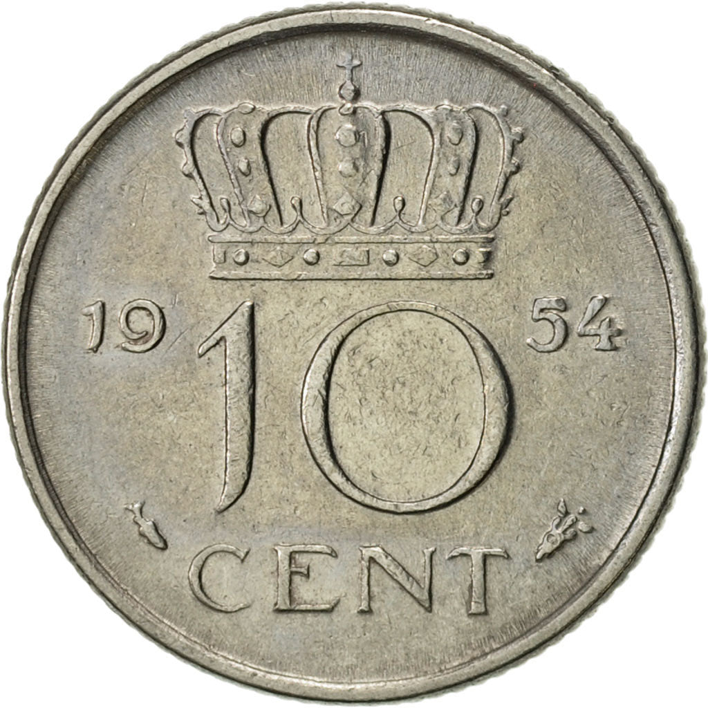 Coin, Netherlands, Juliana, 10 Cents, 1954, AU(50-53), Nickel, KM:182