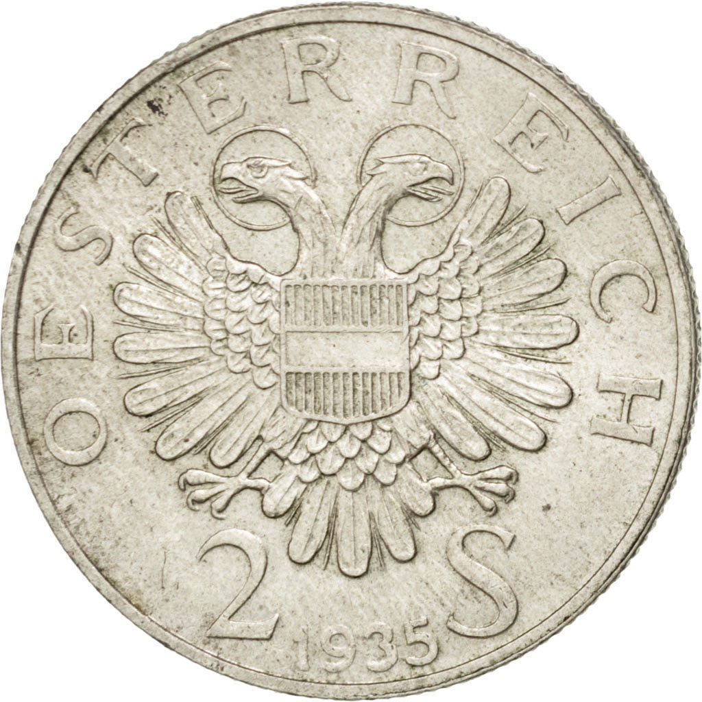 AUSTRIA, 2 Schilling, 1935, KM #2855, AU(55-58), Silver, 11.99