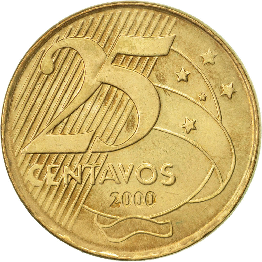 Brazil, 25 Centavos, 2000, AU(50-53), Bronze Plated Steel, KM:650
