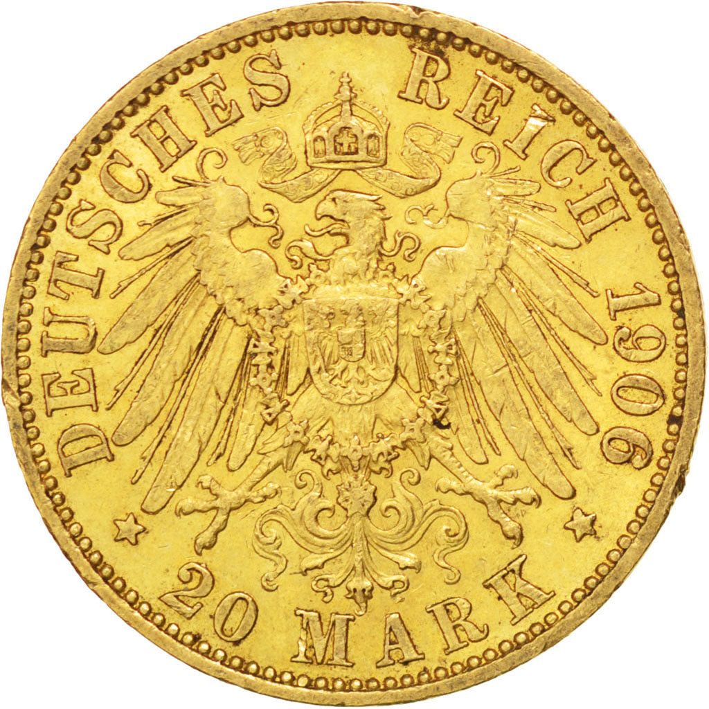 GERMAN STATES, 20 Mark, 1906, Berlin, KM #521, AU(50-53), Gold, 7.95