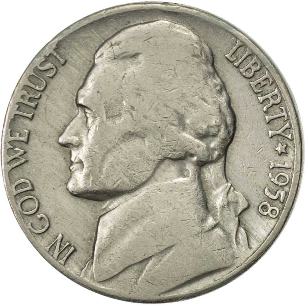Stati Uniti, Jefferson Nickel, 5 Cents, 1958, U.S. Mint, Philadelphia, MB+