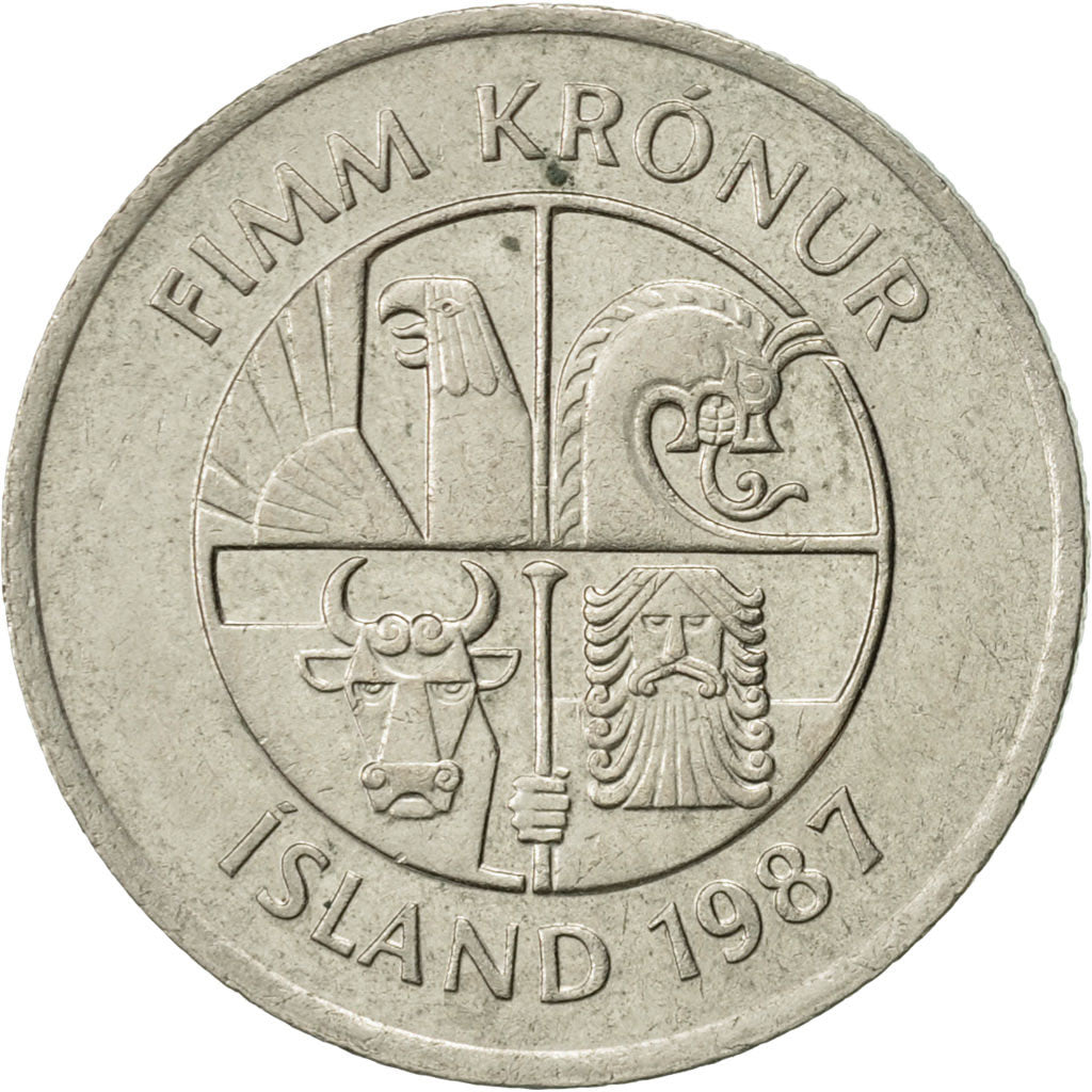 Iceland, 5 Kronur, 1987, AU(55-58), Copper-nickel, KM:28