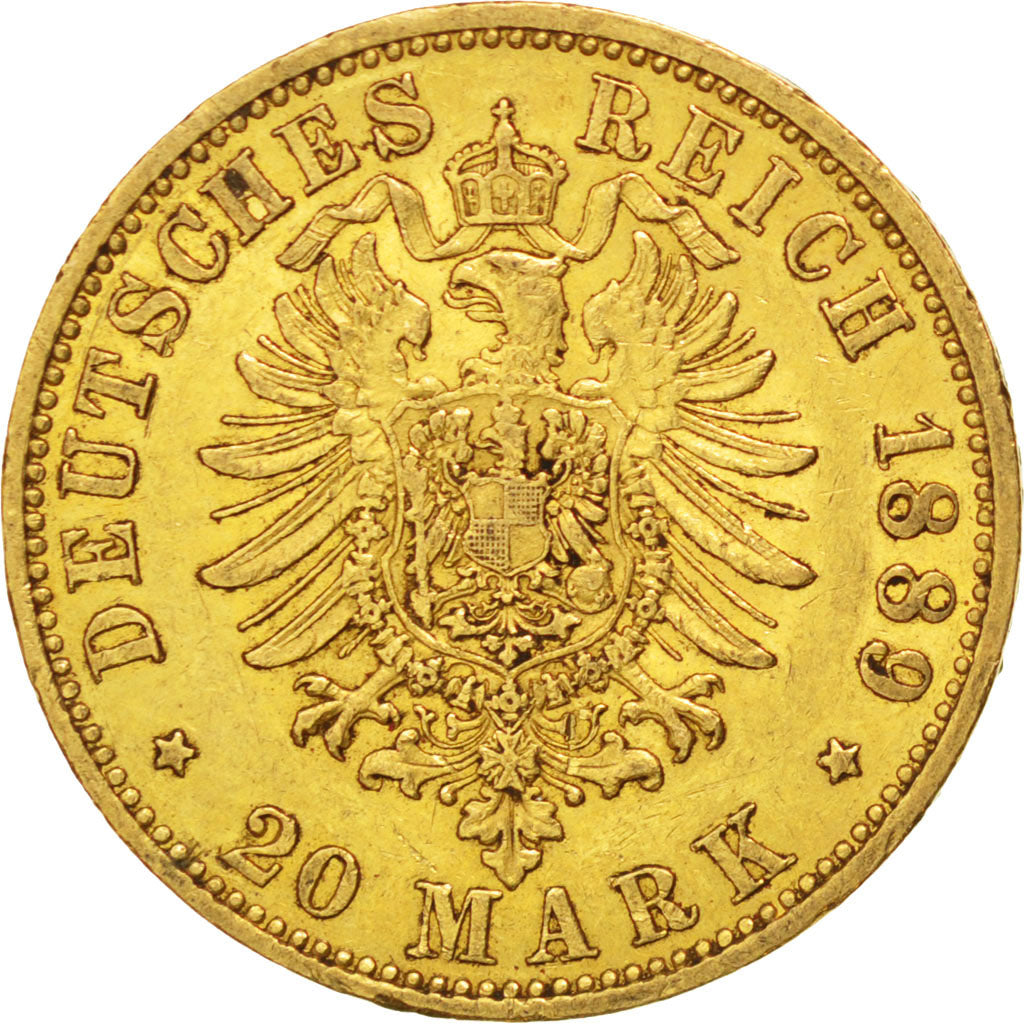 GERMAN STATES, 20 Mark, 1889, Berlin, KM #516, AU(50-53), Gold, 7.95