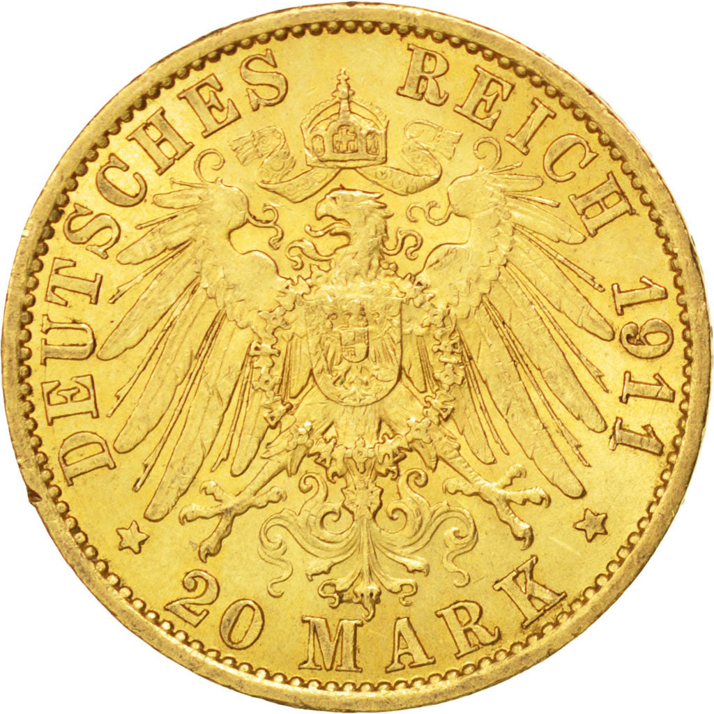GERMAN STATES, 20 Mark, 1911, Berlin, KM #521, AU(55-58), Gold, 7.95