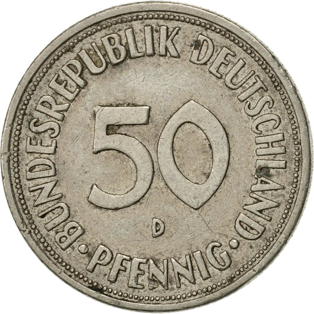 Moneda, ALEMANIA - REPÚBLICA FEDERAL, 50 Pfennig, 1969, Munich, MBC+, Cobre -
