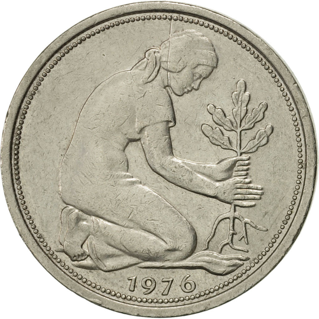 Moneda, ALEMANIA - REPÚBLICA FEDERAL, 50 Pfennig, 1976, Karlsruhe, MBC+, Cobre