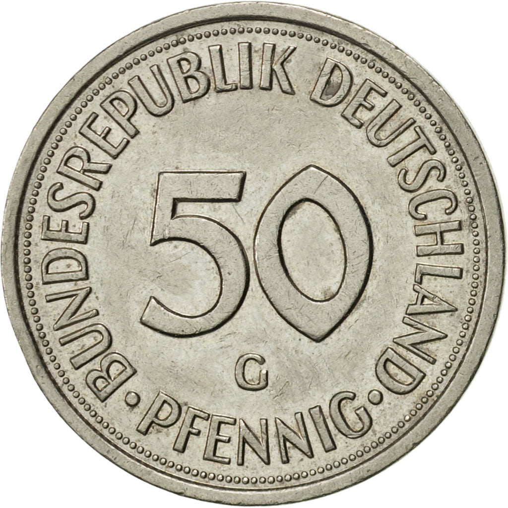 Moneda, ALEMANIA - REPÚBLICA FEDERAL, 50 Pfennig, 1976, Karlsruhe, MBC+, Cobre