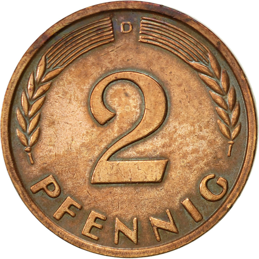 Coin, GERMANY - FEDERAL REPUBLIC, 2 Pfennig, 1965, Munich, EF(40-45), Bronze