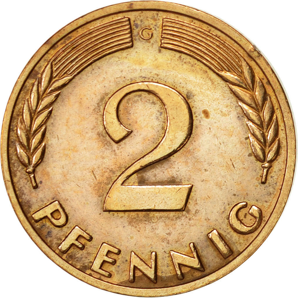 Coin, GERMANY - FEDERAL REPUBLIC, 2 Pfennig, 1965, Karlsruhe, AU(50-53), Bronze
