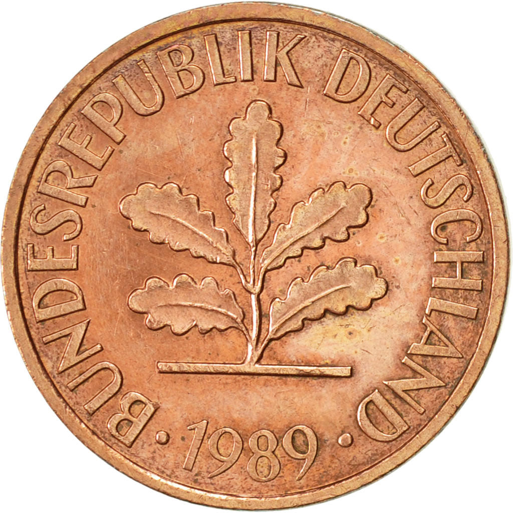 Moneda, ALEMANIA - REPÚBLICA FEDERAL, 2 Pfennig, 1989, Karlsruhe, MBC, Cobre