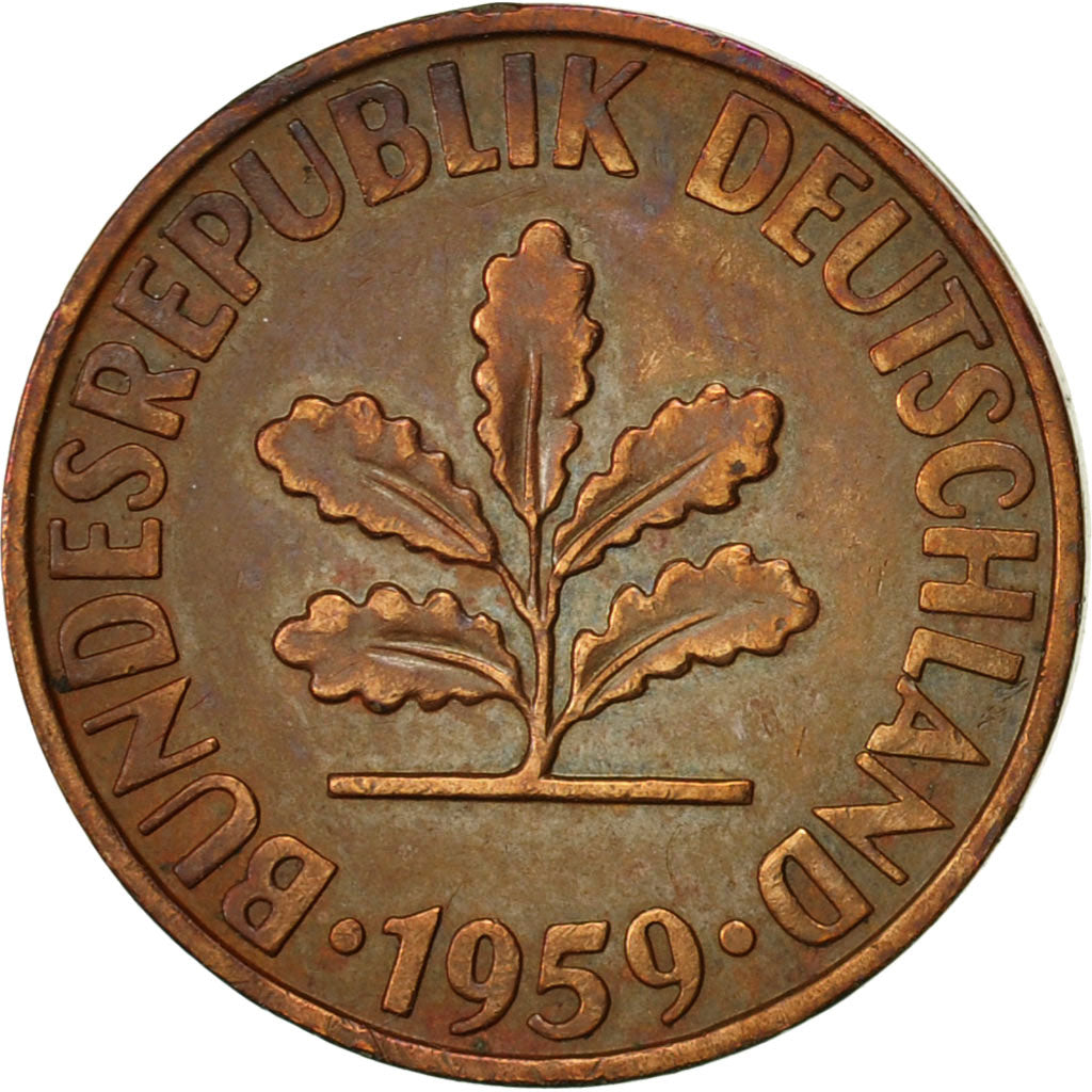 Coin, GERMANY - FEDERAL REPUBLIC, 2 Pfennig, 1959, Munich, EF(40-45), Bronze