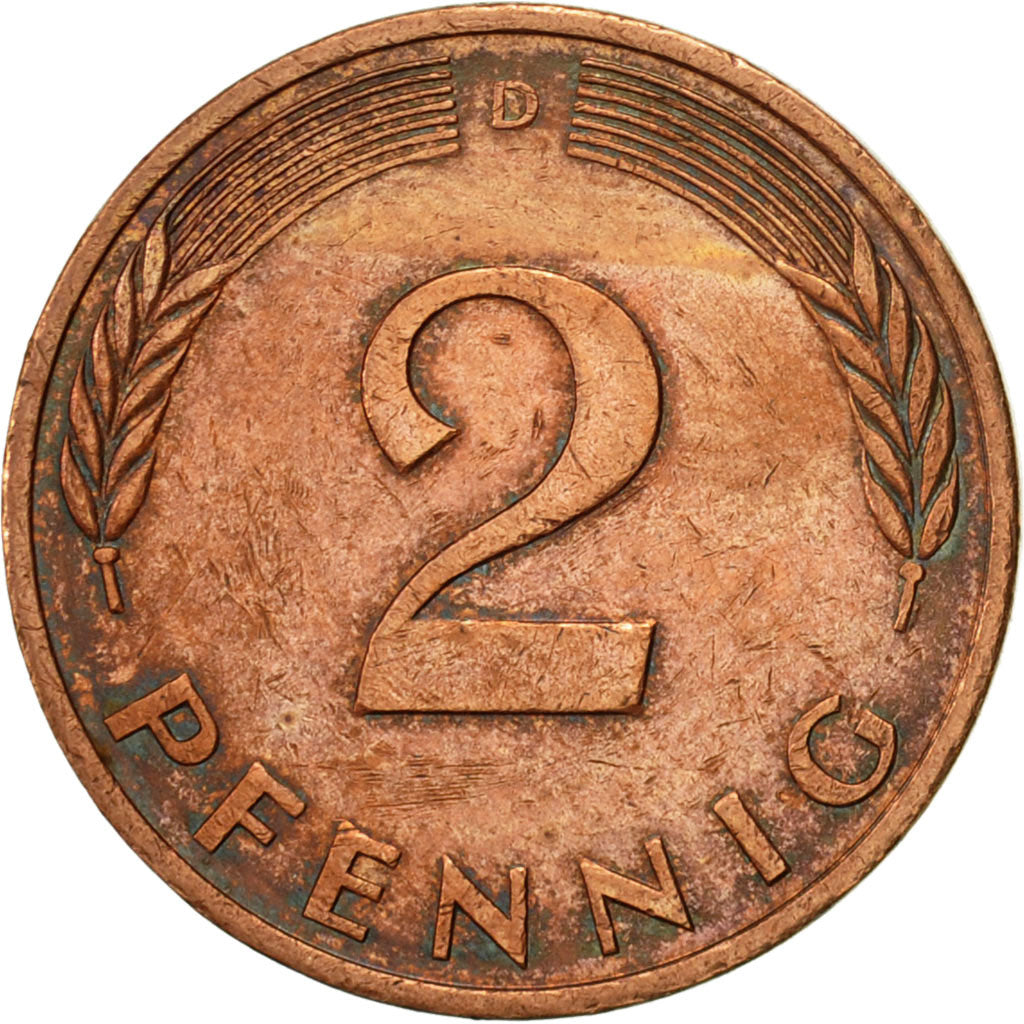 Moneda, ALEMANIA - REPÚBLICA FEDERAL, 2 Pfennig, 1984, Munich, MBC+, Cobre