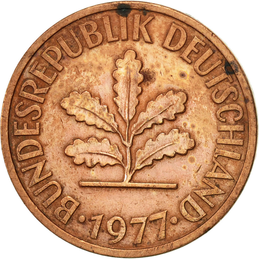 Moneda, ALEMANIA - REPÚBLICA FEDERAL, 2 Pfennig, 1977, Munich, MBC, Cobre