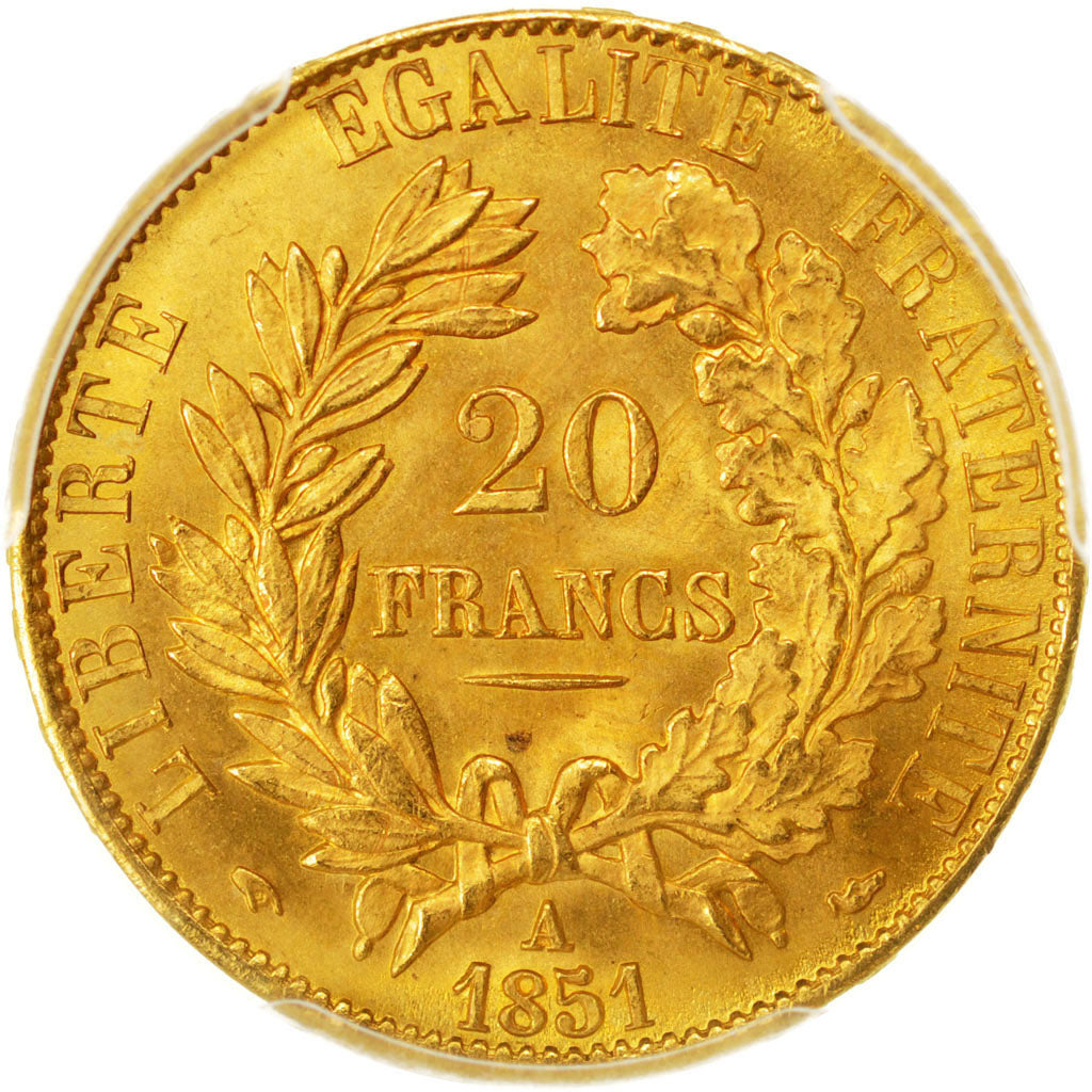 FRANCE, Cérès, 20 Francs, 1851, Paris, KM #762, graded, PCGS, MS(65-70), Gold, G