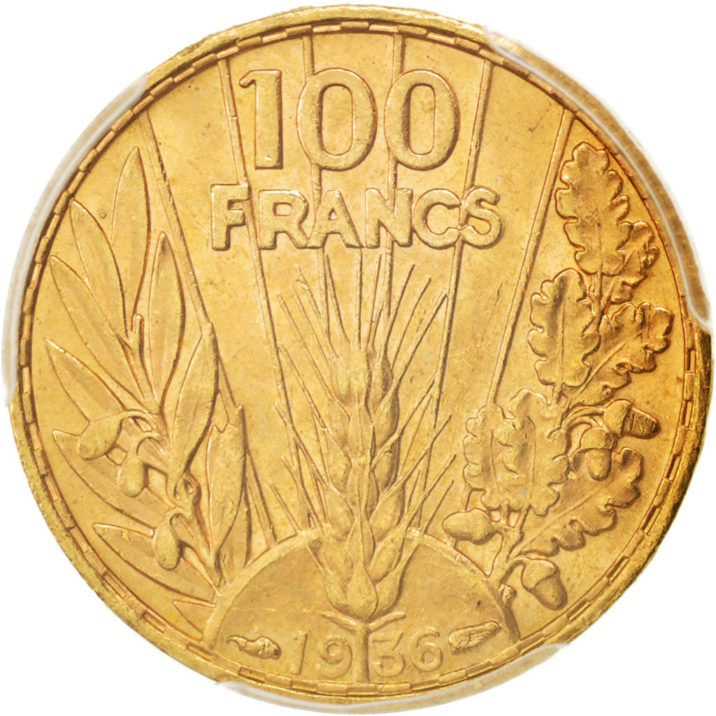 FRANCE, Bazor, 100 Francs, 1936, Paris, KM #880, graded, PCGS, MS(64), Gold,...