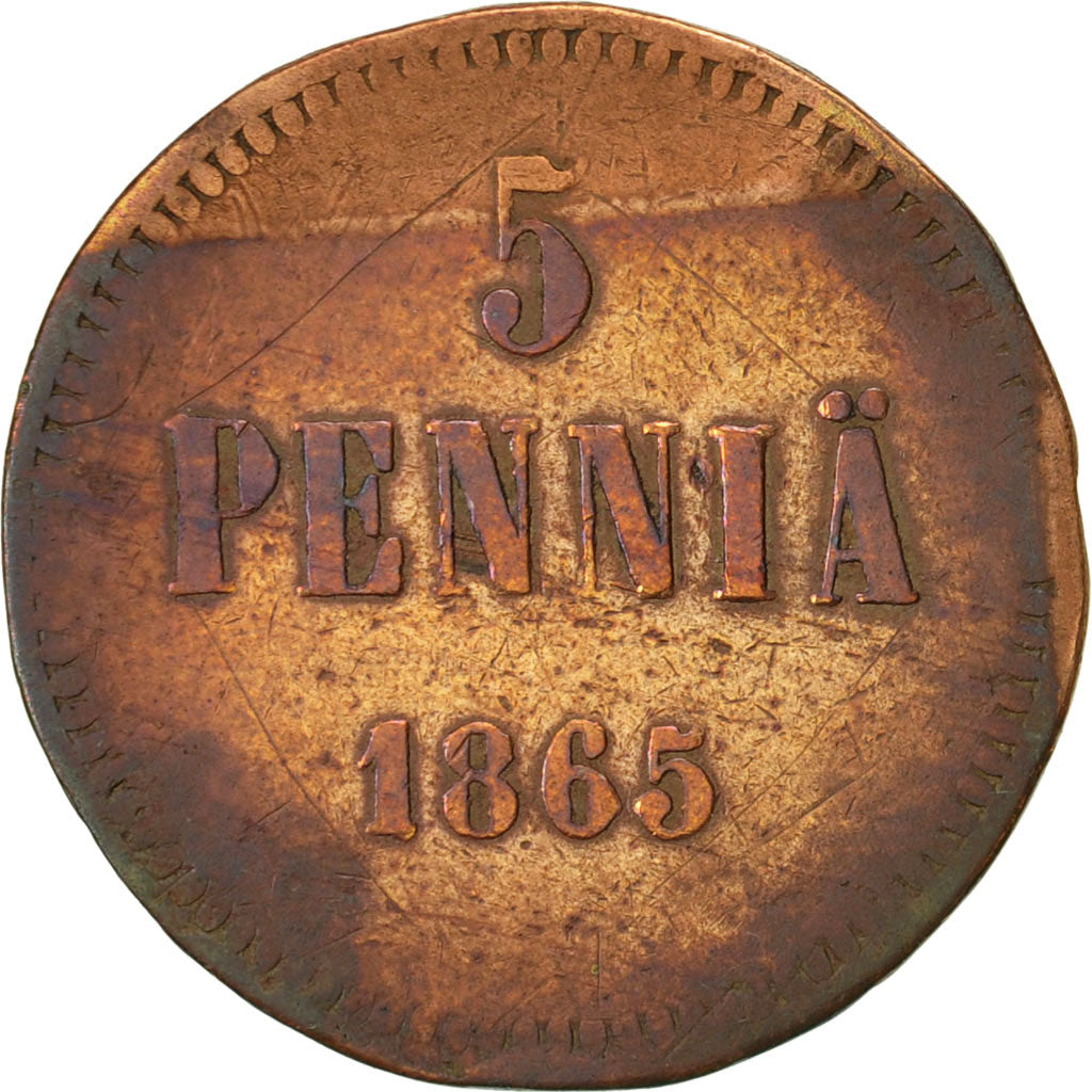Coin, Finland, Alexander II, 5 Pennia, 1865, VF(30-35), Copper, KM:4.1