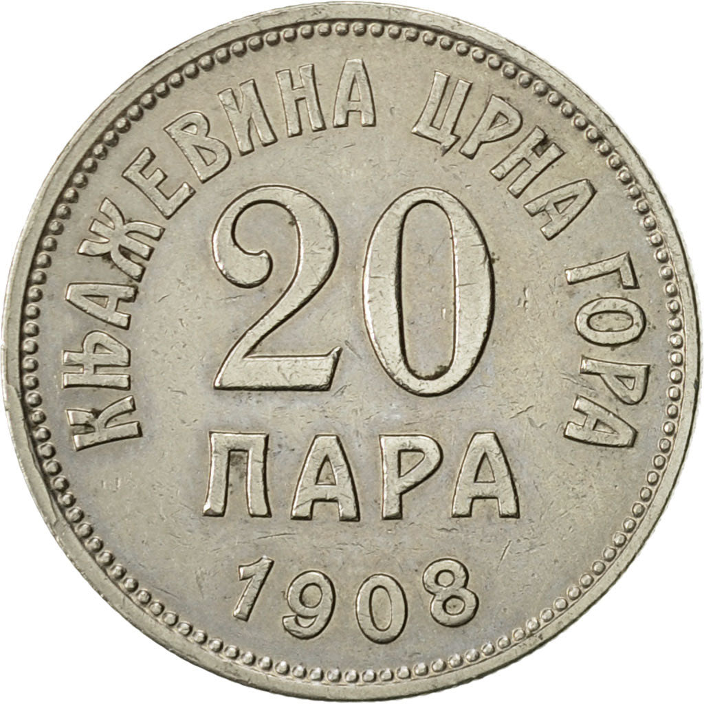 Montenegro, Nicholas I, 20 Para, 1908, AU(55-58), Nickel, KM:4