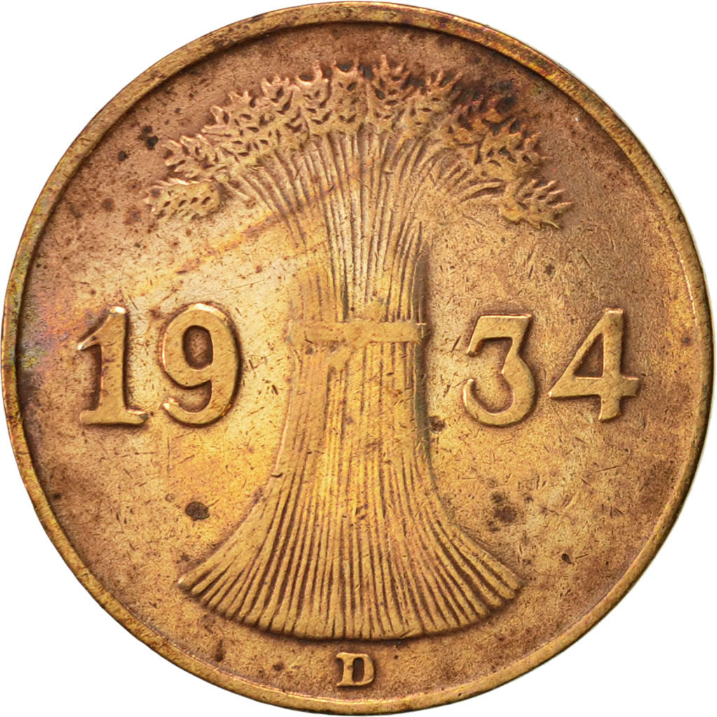 Coin, GERMANY, WEIMAR REPUBLIC, Reichspfennig, 1934, Munich, EF(40-45), Bronze