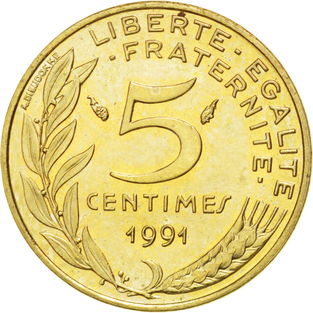 FRANCE, Marianne, 5 Centimes, 1991, Paris, KM #933, MS(63), Aluminum-Bronze,...