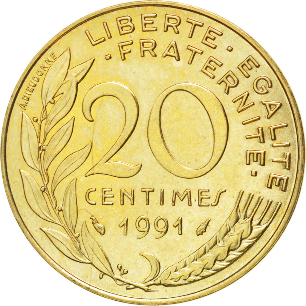 FRANCE, Marianne, 20 Centimes, 1991, Paris, KM #930, MS(63), Aluminum-Bronze,...