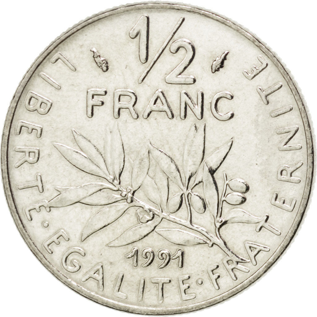 FRANCE, Semeuse, 1/2 Franc, 1991, Paris, KM #931.1, MS(63), Nickel, 19.5,...