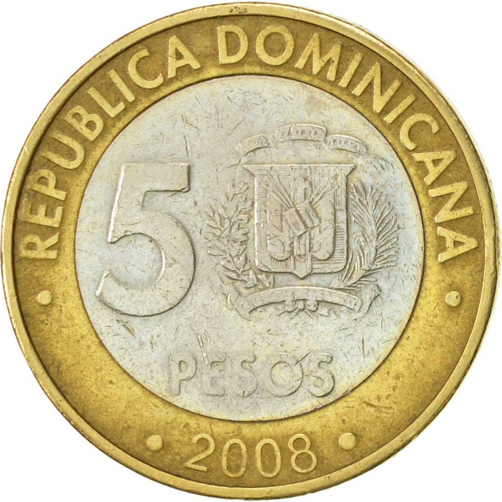 Dominican Republic, 5 Pesos, 2008, AU(50-53), Bi-Metallic, KM:89