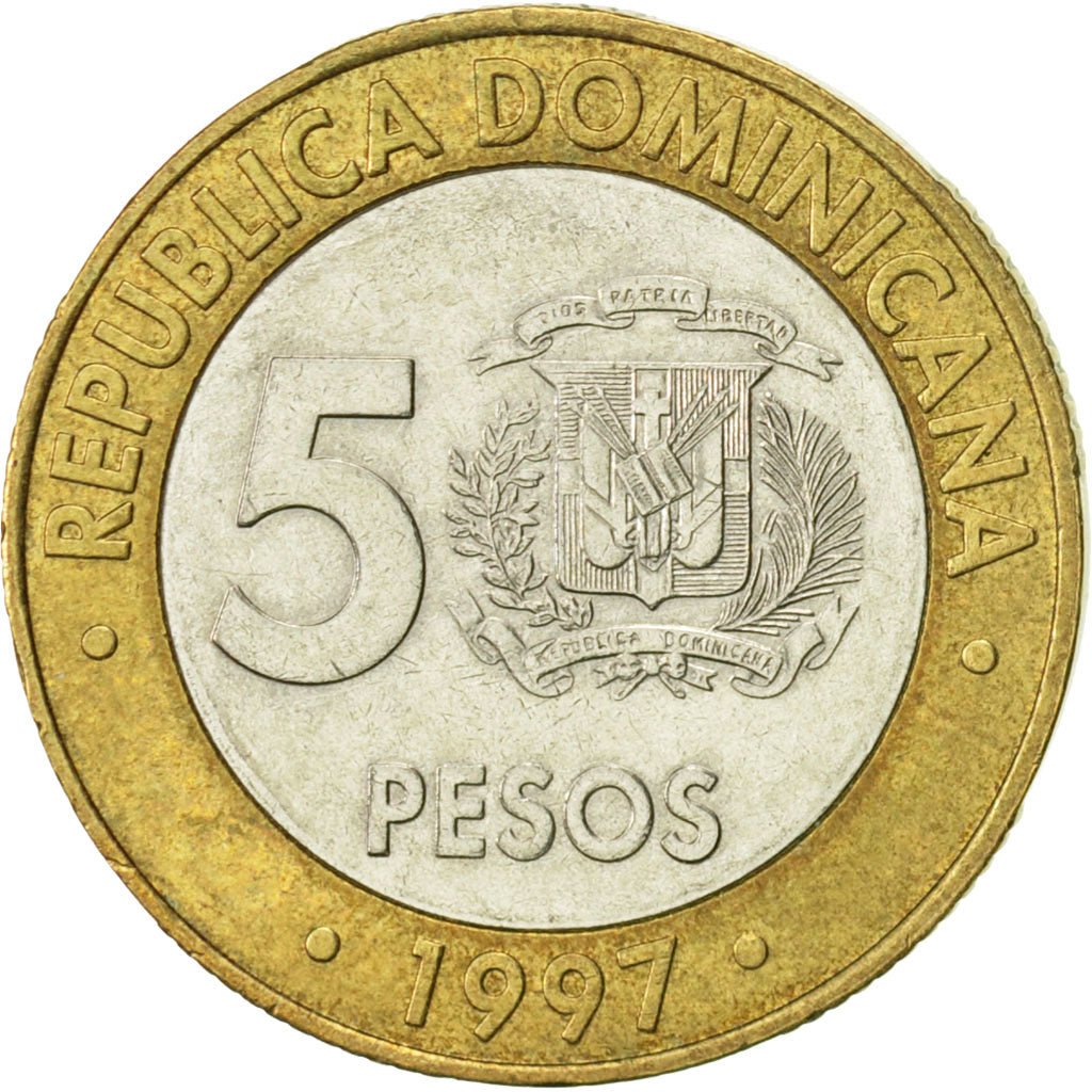 Coin, Dominican Republic, 5 Pesos, 1997, AU(55-58), Bi-Metallic, KM:88