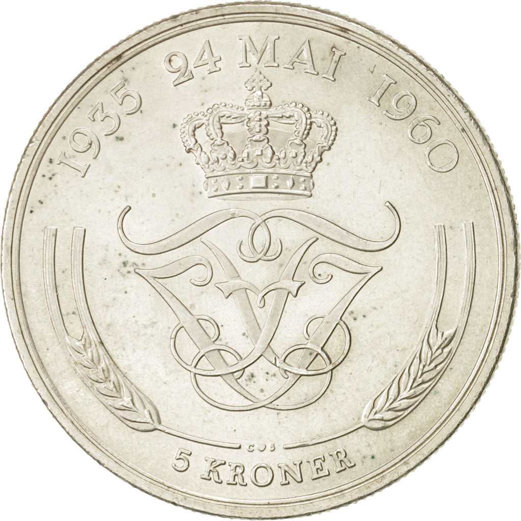 Coin, Denmark, Frederik IX, 5 Kroner, 1960, Copenhagen, AU(55-58), Silver